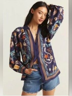 Maeve by Anthropologie Nautical Seashell Print Button Down Blouse Size Large